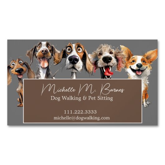 パピーモダンドッグウォーカーシッター動物グレー マグネット名刺 (正面)