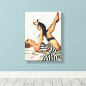 パピーラバーピンアップガール – レトロピンナップアート キャンバスプリント (インサイチュ (ウッドフロア))