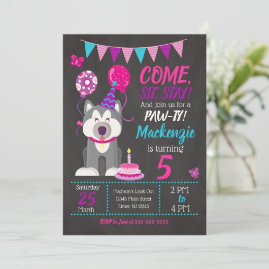 パピー誕生日招待状ガールポーティハスキー 招待状 (スタンド正面)
