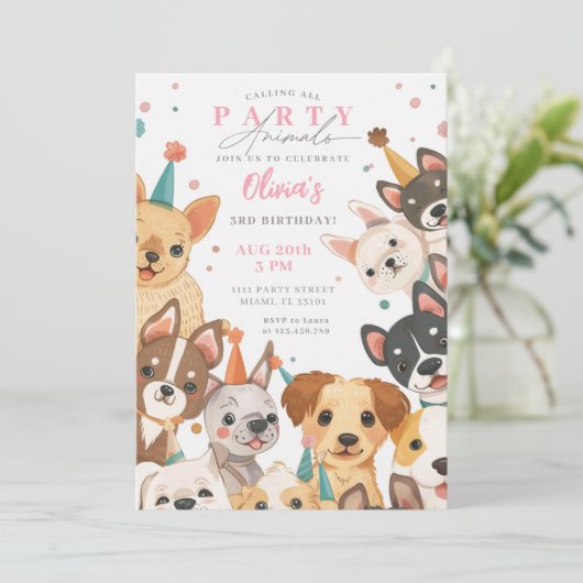 パピー誕生日招待状ドッグパーティーガール誕生日 招待状 (スタンド正面)