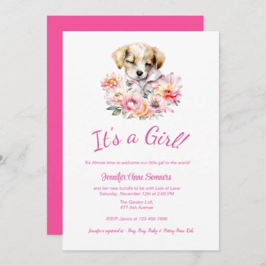 パピー&フラワーベビーシャワー招待状 案内状 (正面/裏面)