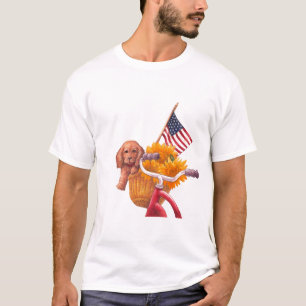 パピー、旗、ひまわり花を持つ愛国的なテーマ Tシャツ