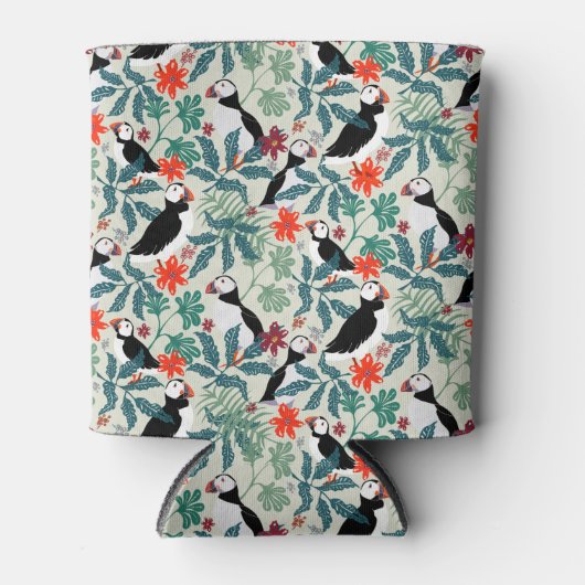 パフィンパターン暖かいベージュ 缶クーラー (正面)