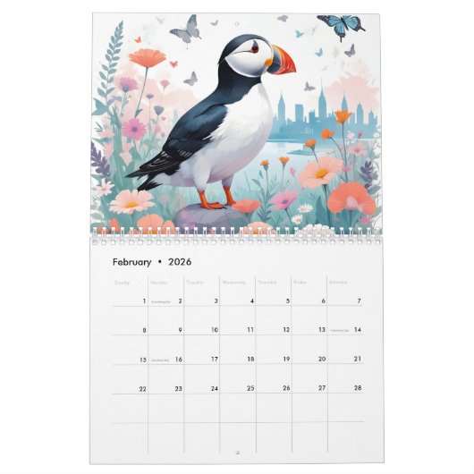 パフィンヴィンテージ動物自然環境デコールアート カレンダー (2月 2026)