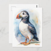 パフィン鳥の水彩絵絵を描葉書 ポストカード (正面/裏面)