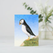 パフィン鳥の水色絵画のはがき ポストカード (スタンド正面)