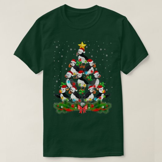 パフィン鳥クリスマスツリー装飾おもしろいクリスマス Tシャツ (デザイン正面)