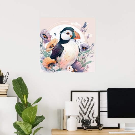 パフィン鳥ポートレート動物絵を描の野生生物フリー ポスター (ホームオフィス)