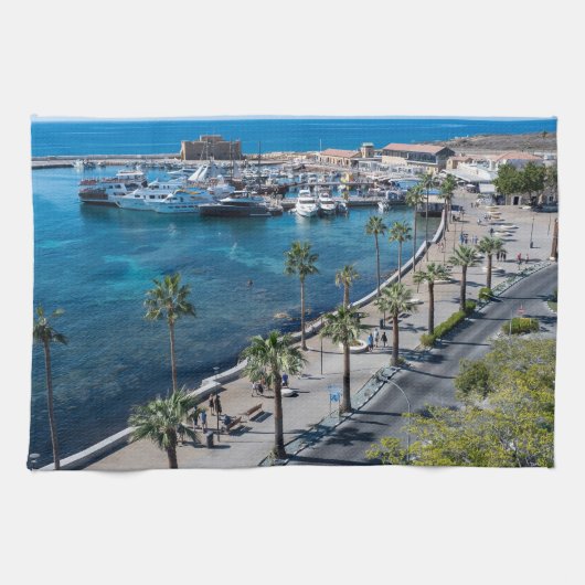 パフォスキャッスルアンドハーバードローンビュー キッチンタオル (横)