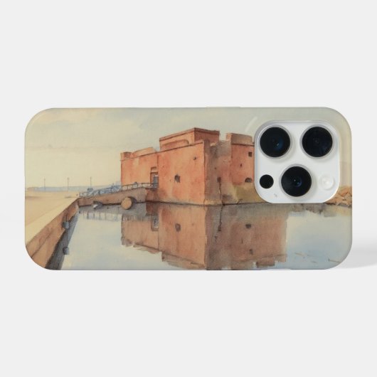 パフォス城の水彩画スタイルの画像 iPhoneケース (裏面横)
