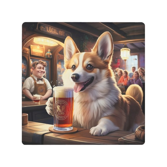 パブでビールを飲むペンブロークコーギ メタルプリント (正面)