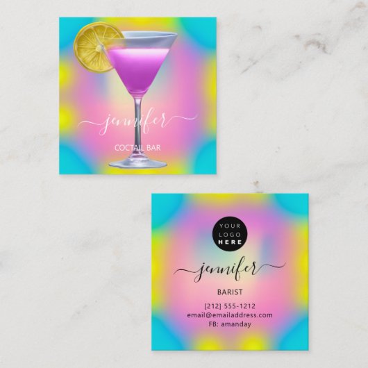パブドリンクバーレストランコクテールロゴピンク スクエア名刺 (正面/裏面)