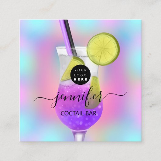 パブドリンクバーレストランロゴホログラフピンクグラス スクエア名刺 (正面)