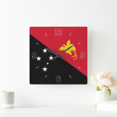 パプアニューギニア国旗の赤黒と愛国心のあるナンバーズ スクエア壁時計 (ホーム)