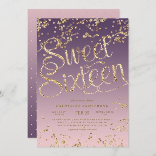 パプルピンク金ゴールドグリッターSweet sixteen 招待状 (正面/裏面)