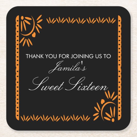 パペルピカドフィエスタスウィート16メキシコサンキュースクー スクエアペーパーコースター (正面)