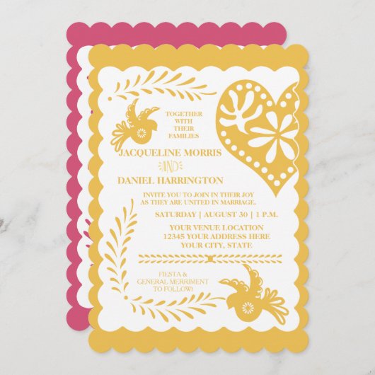 パペルピカドメキシカンフィ結婚エスタのバナー金ゴールド 招待状 (正面/裏面)
