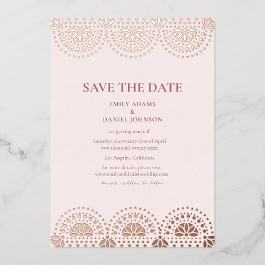 パペル・ピカスペインのドメキシコの結婚式の日付を保存 箔招待状 (正面)