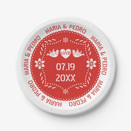 パペル・ピカド愛の鳥の赤メキシ結婚コの ペーパープレート (正面)