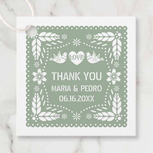 パペル・ピカド愛の鳥セージ緑結婚のフィエスタ フェイバータグ (正面)