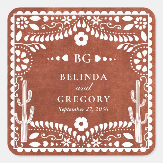 パペル ピカド ボダ メキシコ風 テラコッタ ブラウン 結婚式 スクエアシール (正面)