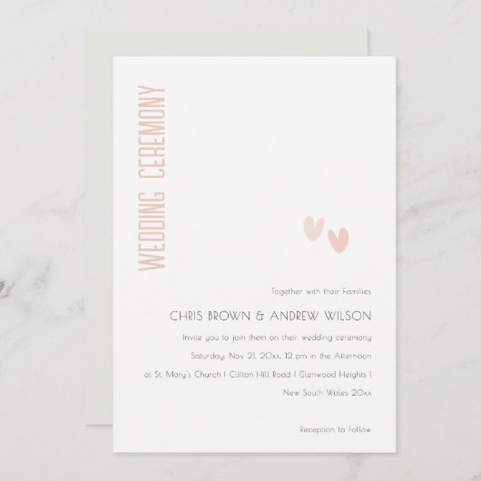 パミニマルステルエレガントデュスキーピンクハート結婚ズ 招待状 (正面/裏面)