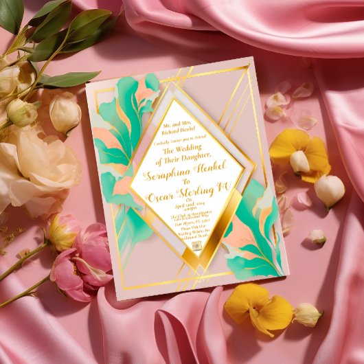 パモダンステルエレガントピンクアンドブルー結婚ズ 箔招待状