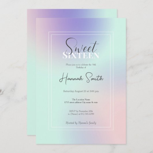 パモダンステルエレガントピンクミントパープルグラデーション 招待状 (正面/裏面)