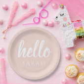 パモダンステルミニマルピンクハローとお名前 ペーパープレート (パーティー)
