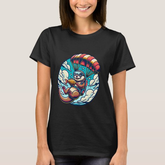 パラシュートと魚の冒険をするカワウソ Tシャツ (正面)