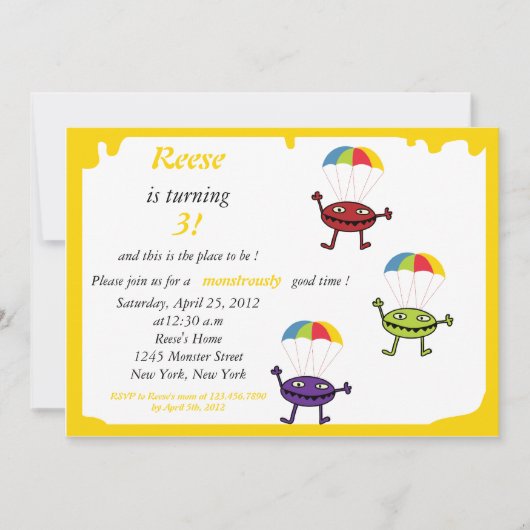 パラシュートドロップ – モンスターバースデー招待状–3 招待状 (正面)