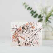 パラソルとさくらんぼの優雅華美な芸者キャット ポストカード (スタンド正面)