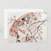 パラソルとさくらんぼの優雅華美な芸者キャット ポストカード (正面/裏面)