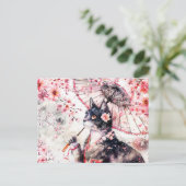 パラソルとさくらんぼの花が咲く芸者猫 ポストカード (スタンド正面)