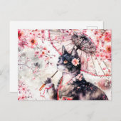 パラソルとさくらんぼの花が咲く芸者猫 ポストカード (正面/裏面)
