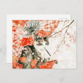 パラソルとさくらんぼの花が咲く芸者猫 ポストカード (正面/裏面)