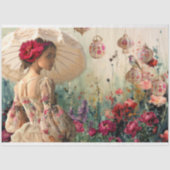 パラソルの女性、鳥、花とランタンのアート 薄葉紙 (正面)