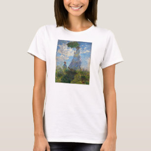 パラソルのTシャツを持つ遊歩道の女性 Tシャツ