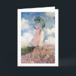 パラソルを持つ女性， Claude Monet, 1886 カード<br><div class="desc">オスカー・クロード・モネ（1840年11月14日–1926年12月5日）フランスのは画家で、印象派の創始者であフランスのり、特に自然の前に起こった自分の認識の哲学の中で最も一貫性のある多産の開業医であ絵画る。「印象主義」という用語は、1874年にモネとその仲間がパリサロンの代替として開催した個展の最初に展示された彼のインプレッション絵画、ソレイルレバント（インプレッション、日の出）のタイトルに由来する。モネは田舎を記録するという野心を抱フランスのき、光の変化や季節の移り変わりを捉えるために絵画、同じシーンの手法を何度も採用した。1883年からジュヴェルニーに住み、家や財産を購入し、彼の知る作品の主題となるユリの池を含む広大な造園プロジェクトを始め最高のた。1899年絵画に睡蓮を始め、橋を中心とした縦向きの風景を最初に始め日本の、その後、20年間の生涯を通じて彼を描き続ける大規模な絵画シリーズを制作した。引用文：ウィキペディア</div>