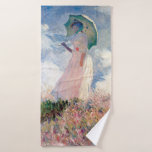 パラソルを持つ女性， Claude Monet, 1886 バスタオル<br><div class="desc">オスカー・クロード・モネ（1840年11月14日–1926年12月5日）フランスのは画家で、印象派の創始者であフランスのり、特に自然の前に起こった自分の認識の哲学の中で最も一貫性のある多産の開業医であ絵画る。「印象主義」という用語は、1874年にモネとその仲間がパリサロンの代替として開催した個展の最初に展示された彼のインプレッション絵画、ソレイルレバント（インプレッション、日の出）のタイトルに由来する。モネは田舎を記録するという野心を抱フランスのき、光の変化や季節の移り変わりを捉えるために絵画、同じシーンの手法を何度も採用した。1883年からジュヴェルニーに住み、家や財産を購入し、彼の知る作品の主題となるユリの池を含む広大な造園プロジェクトを始め最高のた。1899年絵画に睡蓮を始め、橋を中心とした縦向きの風景を最初に始め日本の、その後、20年間の生涯を通じて彼を描き続ける大規模な絵画シリーズを制作した。引用文：ウィキペディア</div>