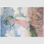 パラソルを持つ女性， Claude Monet, 1886 薄葉紙<br><div class="desc">オスカー・クロード・モネ（1840年11月14日–1926年12月5日）フランスのは画家で、印象派の創始者であフランスのり、特に自然の前に起こった自分の認識の哲学の中で最も一貫性のある多産の開業医であ絵画る。「印象主義」という用語は、1874年にモネとその仲間がパリサロンの代替として開催した個展の最初に展示された彼のインプレッション絵画、ソレイルレバント（インプレッション、日の出）のタイトルに由来する。モネは田舎を記録するという野心を抱フランスのき、光の変化や季節の移り変わりを捉えるために絵画、同じシーンの手法を何度も採用した。1883年からジュヴェルニーに住み、家や財産を購入し、彼の知る作品の主題となるユリの池を含む広大な造園プロジェクトを始め最高のた。1899年絵画に睡蓮を始め、橋を中心とした縦向きの風景を最初に始め日本の、その後、20年間の生涯を通じて彼を描き続ける大規模な絵画シリーズを制作した。引用文：ウィキペディア</div>