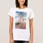 パラソルを持つ女性， Claude Monet, 1886 Tシャツ<br><div class="desc">オスカー・クロード・モネ（1840年11月14日–1926年12月5日）フランスのは画家で、印象派の創始者であフランスのり、特に自然の前に起こった自分の認識の哲学の中で最も一貫性のある多産の開業医であ絵画る。「印象主義」という用語は、1874年にモネとその仲間がパリサロンの代替として開催した個展の最初に展示された彼のインプレッション絵画、ソレイルレバント（インプレッション、日の出）のタイトルに由来する。モネは田舎を記録するという野心を抱フランスのき、光の変化や季節の移り変わりを捉えるために絵画、同じシーンの手法を何度も採用した。1883年からジュヴェルニーに住み、家や財産を購入し、彼の知る作品の主題となるユリの池を含む広大な造園プロジェクトを始め最高のた。1899年絵画に睡蓮を始め、橋を中心とした縦向きの風景を最初に始め日本の、その後、20年間の生涯を通じて彼を描き続ける大規模な絵画シリーズを制作した。引用文：ウィキペディア</div>