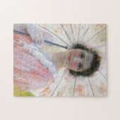 パラソルエレガント付きピンク色のドレスを着た女性 ジグソーパズル (横)