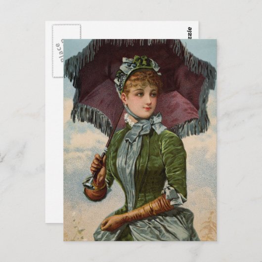 パラソルビクトリアン付きヴィンテージレディ ポストカード (正面/裏面)