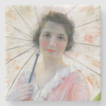 パラソル付きピンクのドレスを着た女性（ロバート・リード）