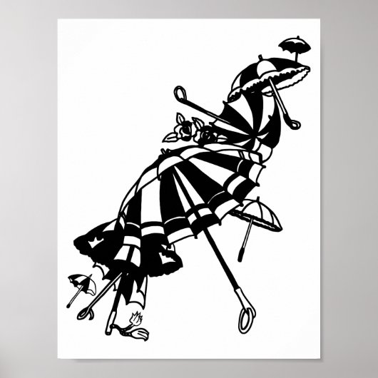 パラソル飛んでいる傘インクアートイラストレーション ポスター (正面)