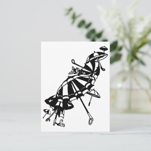 パラソル飛んでいる傘インクアートイラストレーション ポストカード (スタンド正面)