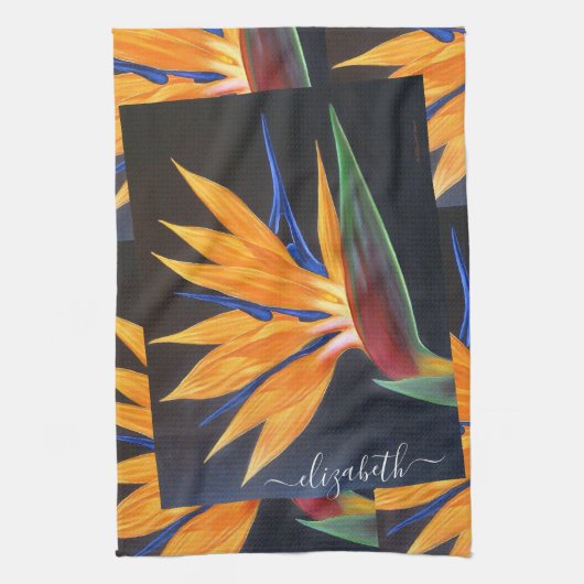 パラダイスエレガントネームのフローラオレンジ色の鳥スクリプト キッチンタオル (縦)