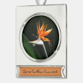 パラダイスオレンジトロピカルフラワーの鳥 シルバープレートバナーオーナメント (左)