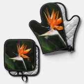 パラダイスオレンジトロピカルフラワーの鳥 鍋つかみ&鍋敷きセット (正面/裏面)